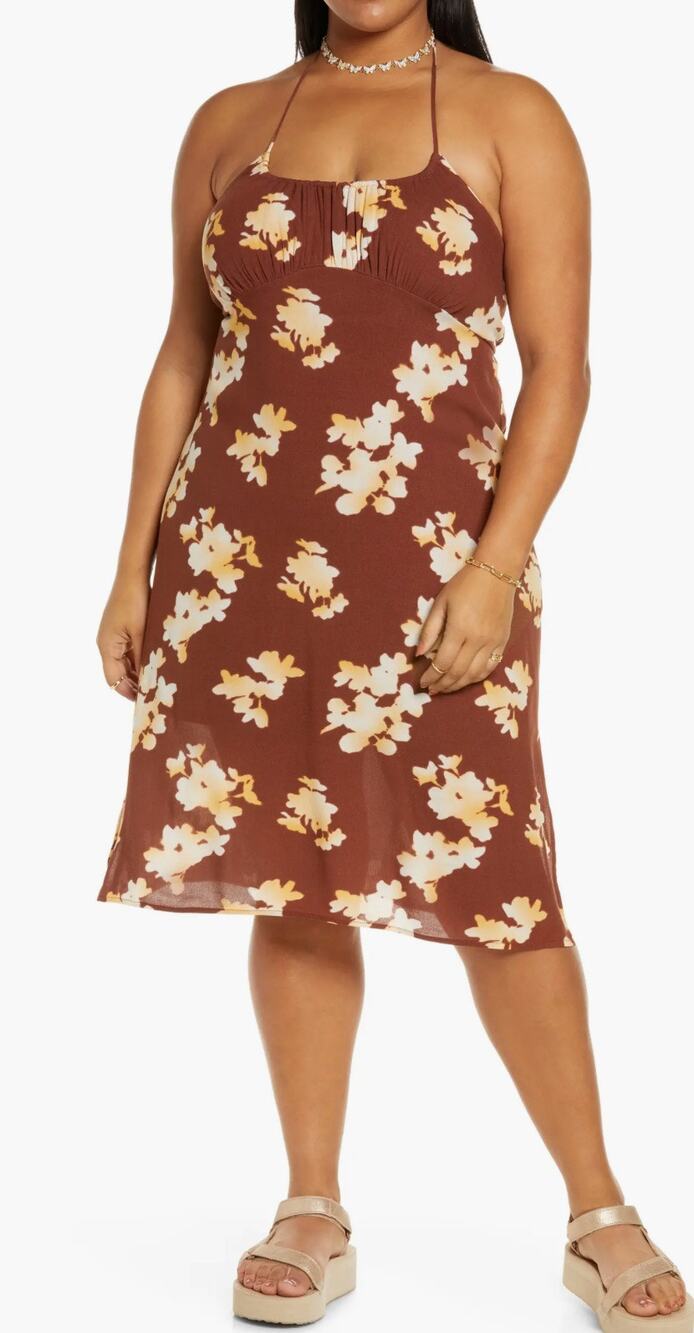 BP. Brown Floral Halter Midi Dress XL Boho Cottagecore Floral Print fall